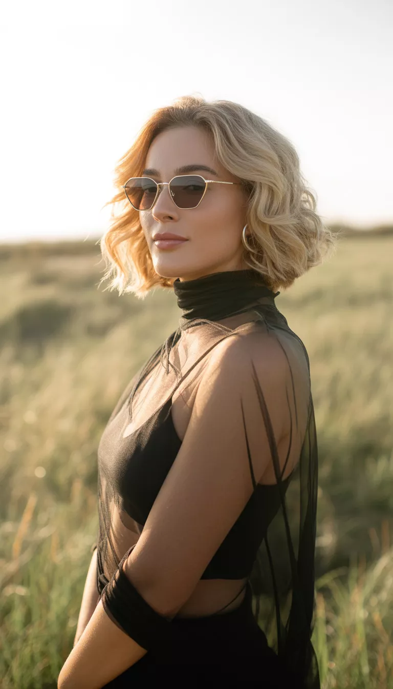 A woman with wavy blonde hair wearing small hexagonal gold framed sunglasses and a sheer black turtleneck top posing outdoors on a sunny day.