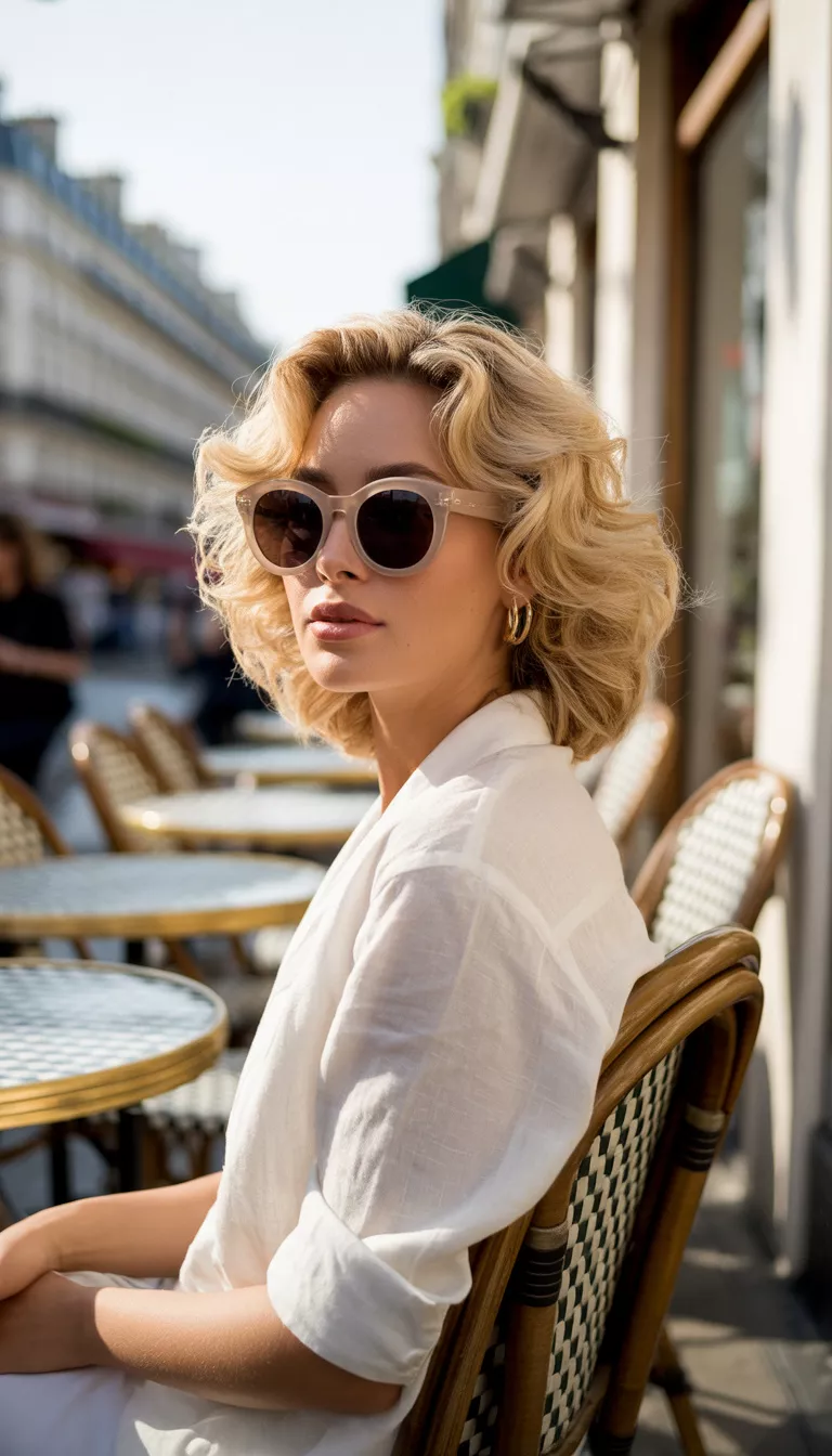 A blonde woman with voluminous wavy hair wearing large round black sunglasses and a white top pausing at an outdoor cafe area.