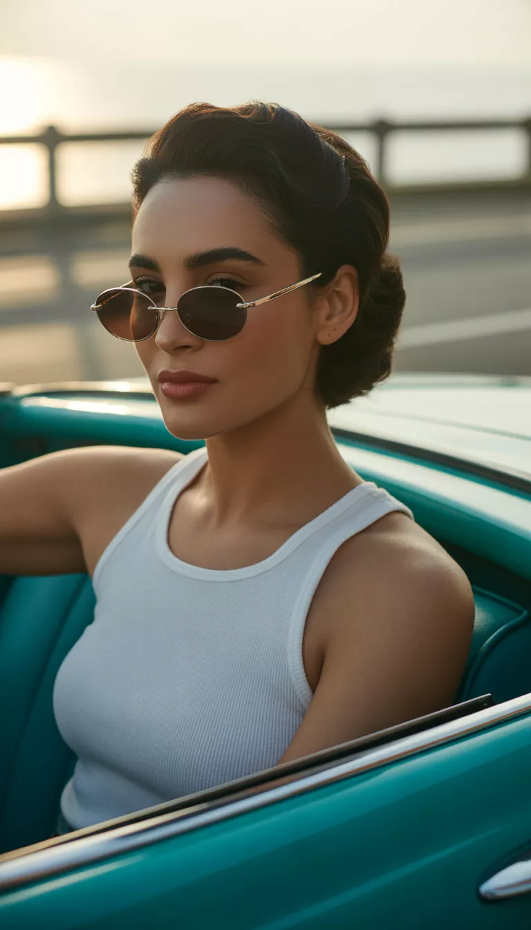 A woman with dark hair pulled back wearing small oval rimless sunglasses with gold accents and a white ribbed tank top inside a car.