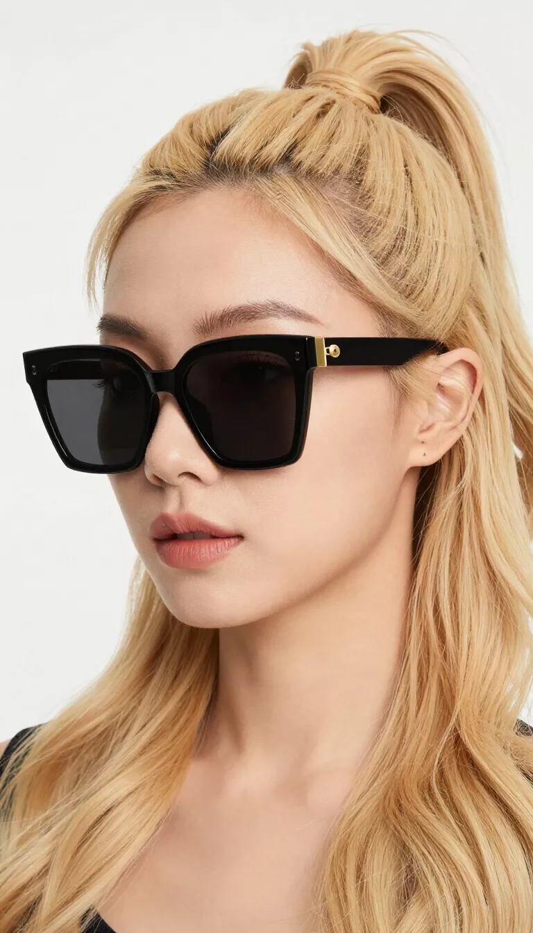A woman with blonde hair in a high wavy ponytail wearing large black squared cat eye sunglasses with gold accents outdoors near greenery.