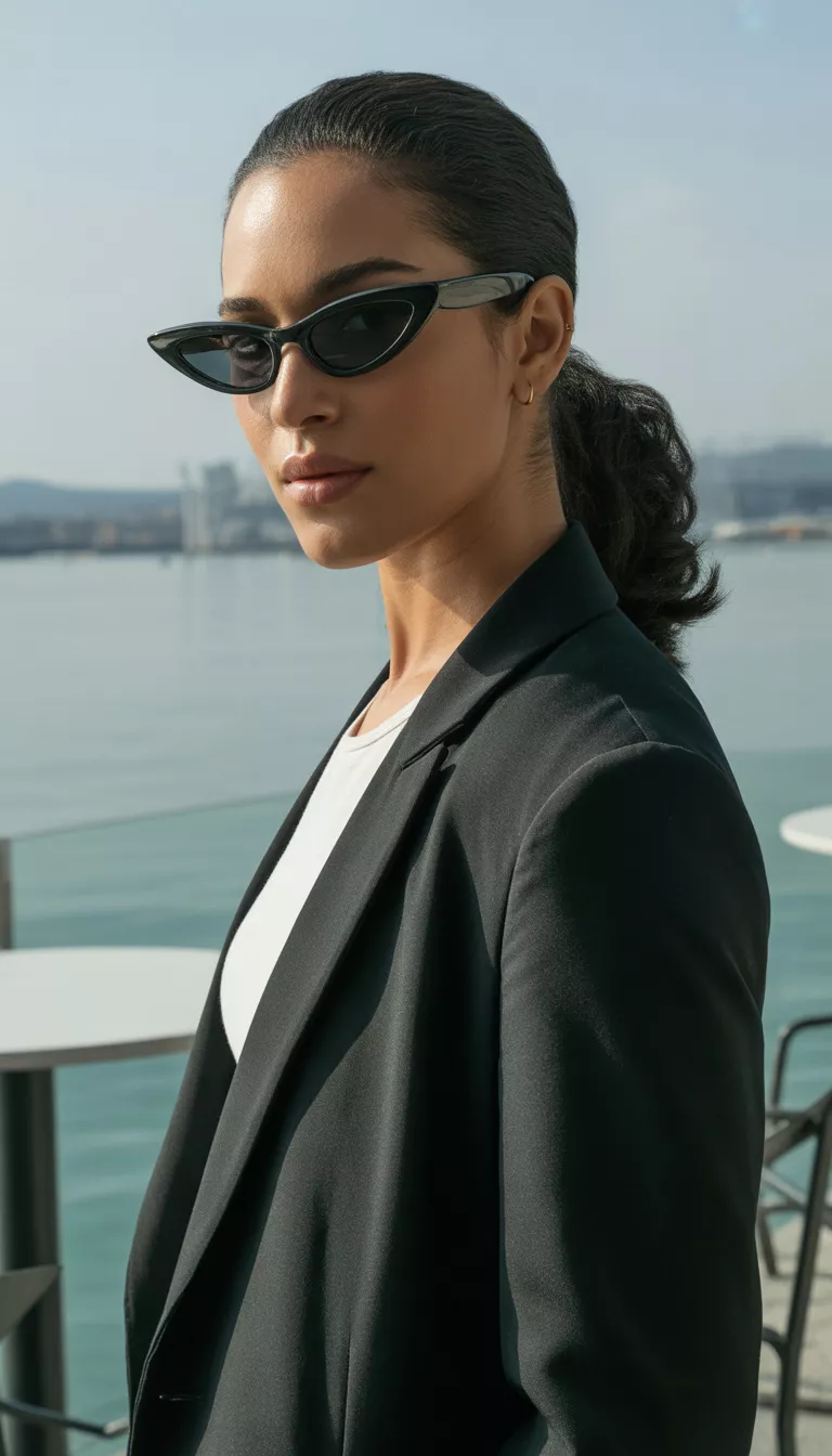 A woman with dark hair in a sleek ponytail wearing futuristic black narrow cat eye sunglasses posing outdoors at a cafe setting by water.