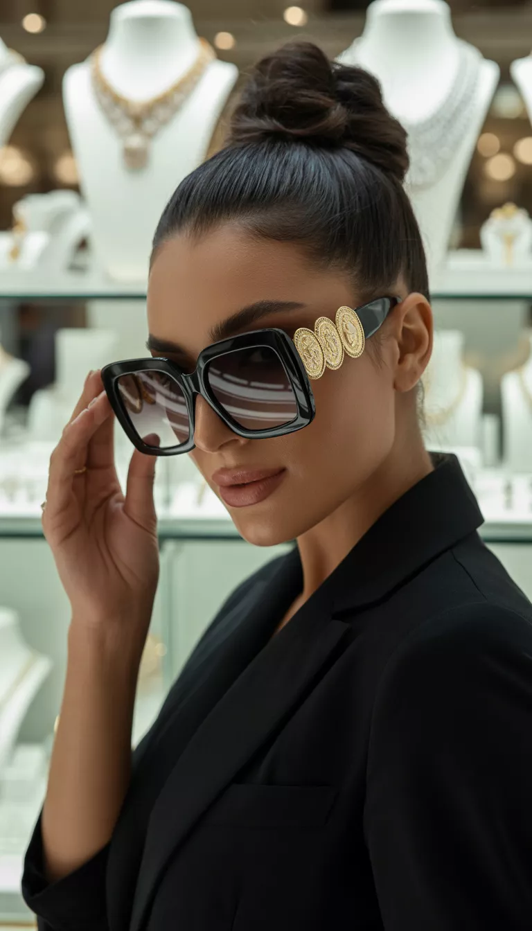 A woman with dark hair in a high bun wearing large square black sunglasses with gold coin like accents taking a selfie in a jewelry store.