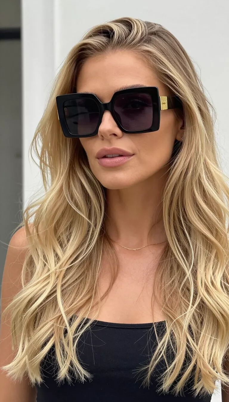 A blonde woman with long wavy hair wearing large squared black sunglasses with gold detailing on the arms outdoors near a white structure.