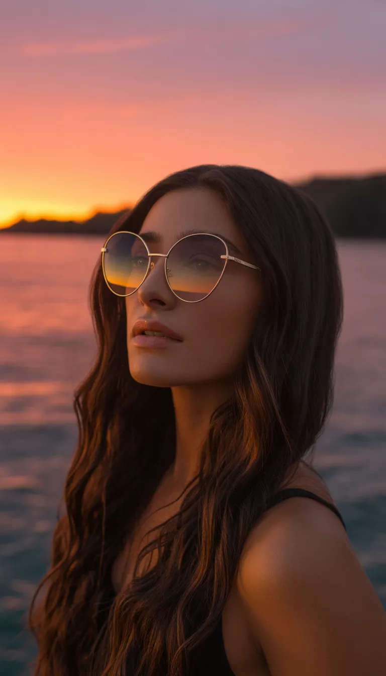 A woman with long wavy dark brown hair wearing frameless teardrop shaped gradient sunglasses with gold accents posing against a sunset over water.