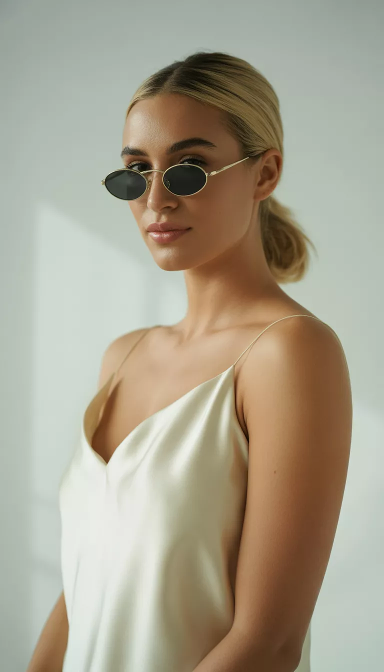A woman with blonde hair in a high ponytail wearing sleek oval black sunglasses with gold hardware posing indoors showing her bare shoulder.