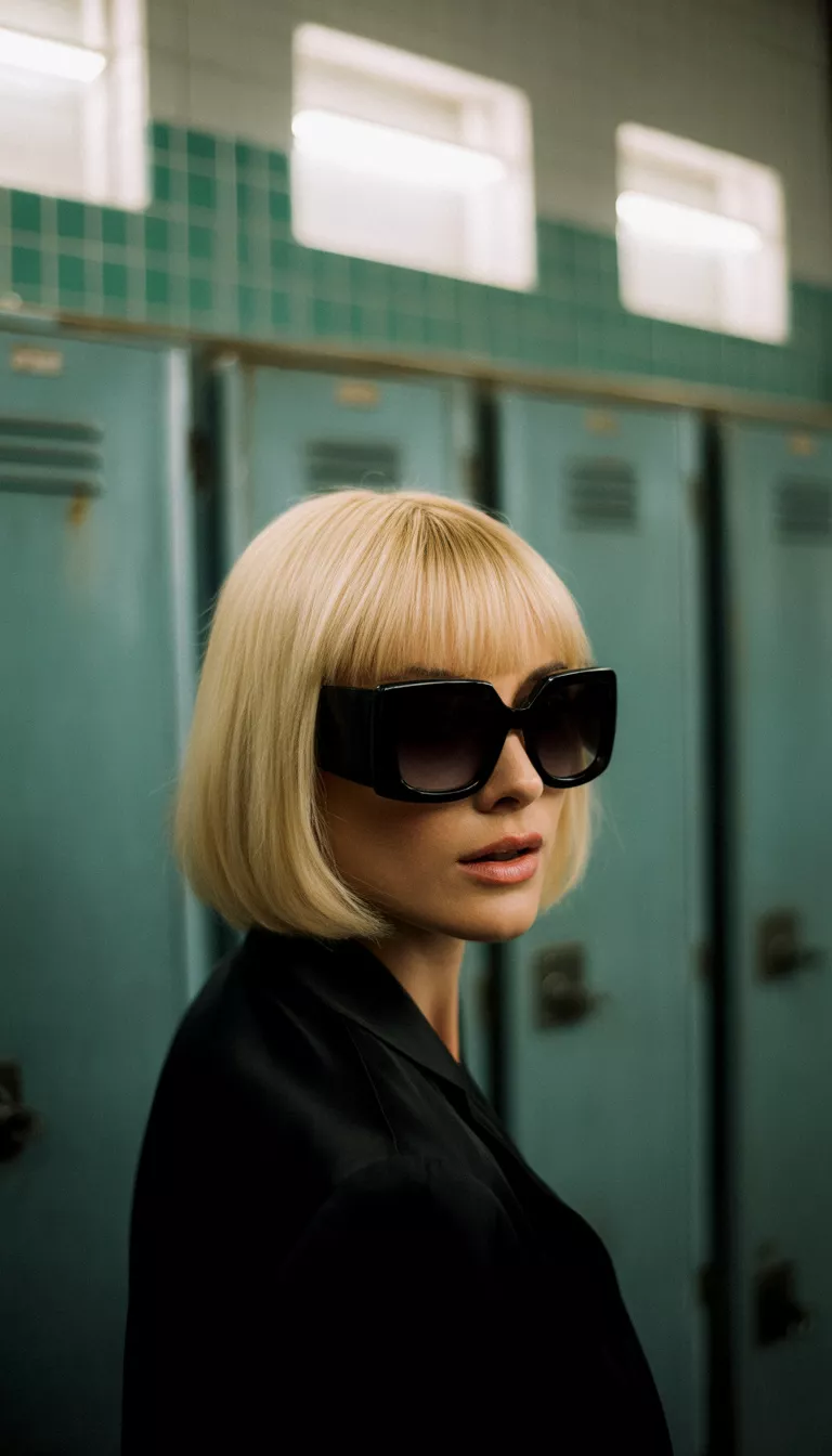 A blonde woman with a straight bob and straight bangs wearing large bold rectangular black sunglasses posing in a locker room setting.