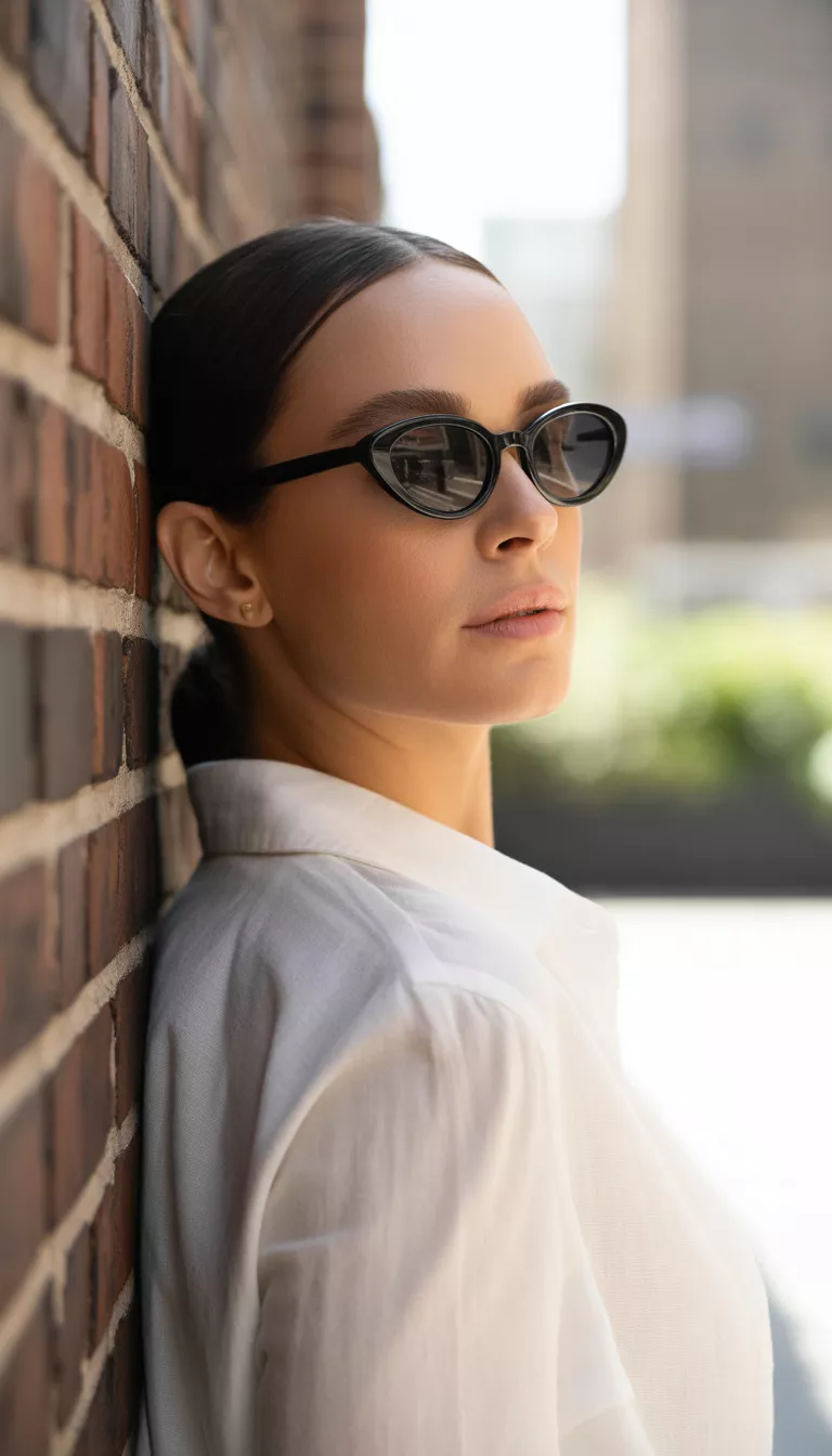 A woman with dark hair slicked back wearing small black oval cat eye sunglasses and a white top leaning against a brick wall outside.