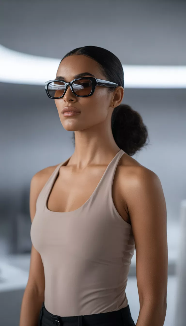 A woman with dark hair in a slicked back ponytail wearing slim black rectangular sunglasses with brown lenses and a nude tank top inside.