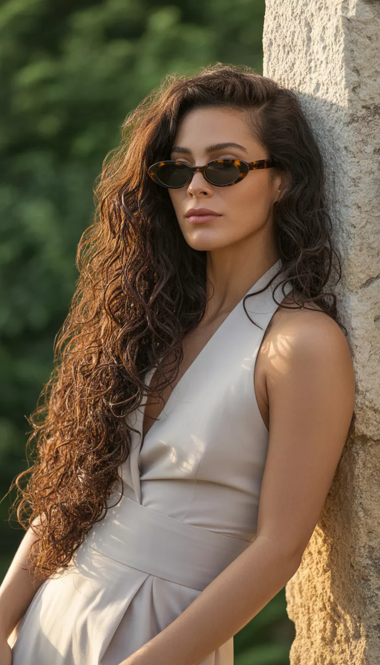 A woman with very long dark brown wavy hair wearing small tortoiseshell oval cat eye sunglasses and a light beige halter top relaxing outdoors.