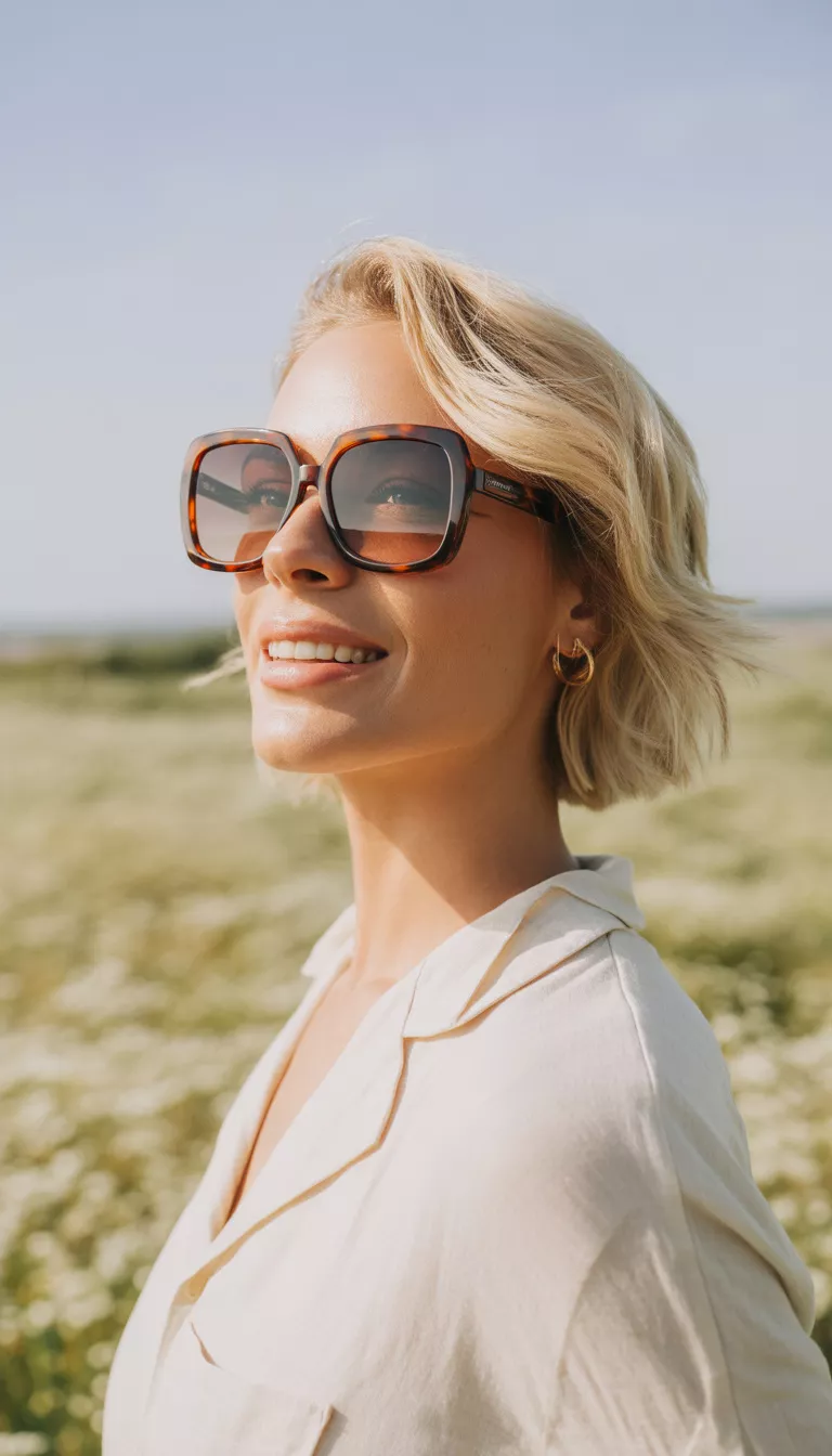 A blonde woman with wavy shorter hair wearing large square tortoiseshell framed sunglasses and a light colored top outdoors on a sunny day.
