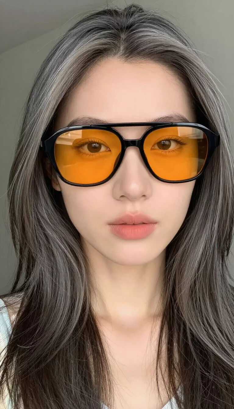 A woman with gray toned long hair wearing large black aviator style glasses with orange lenses and a light top seated in a vehicle.