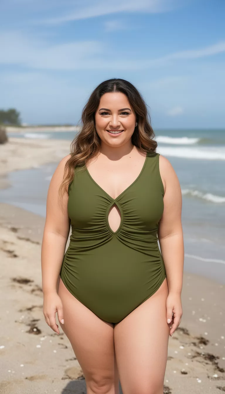 A beautiful plus size woman in an olive green one piece swimsuit featuring a center cutout and ruching, she smiles on a sunny beach.