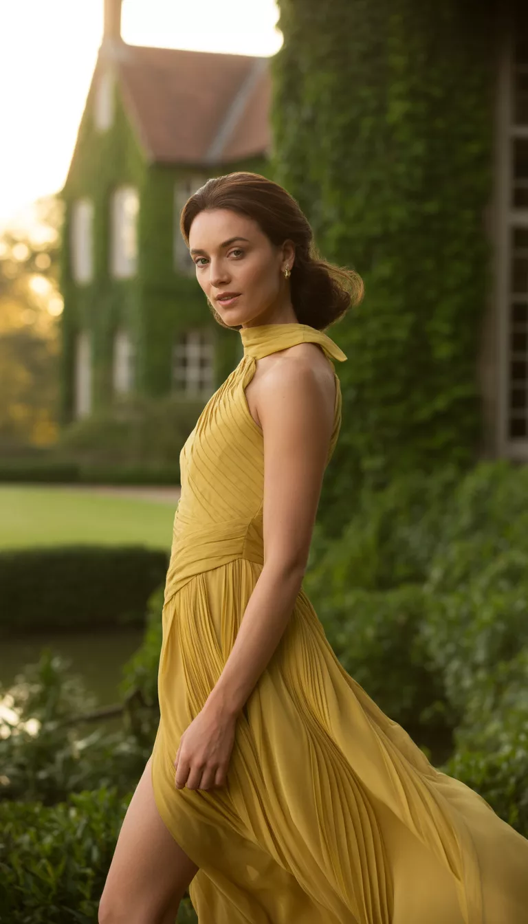 A beautiful 39-year-old woman in an asymmetrical flowing yellow dress with draped fabric and a high neckline, posing in a garden beside a large house.