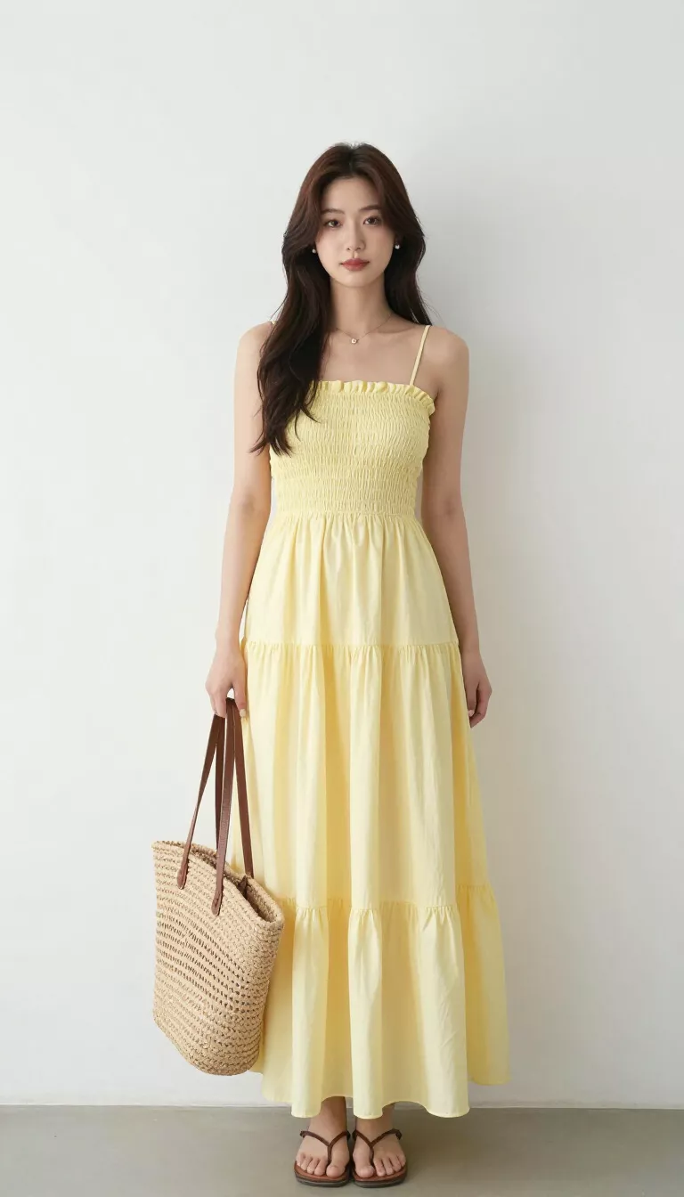 A beautiful 22-year-old woman in a tiered smocked bodice pale yellow maxi sundress with thin straps, holding a large woven bag while standing against a white wall.
