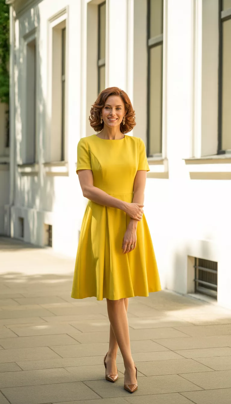A beautiful 37-year-old woman in a classic knee length bright yellow A line dress with short sleeves and pleats, wearing brown pointed heels in front of a white building.