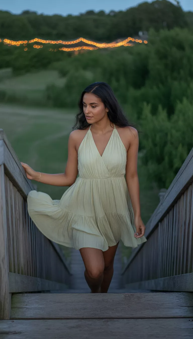 A beautiful 24-year-old woman in a tiered flowy pale yellow mini dress with a V neck and halter top, outdoors at night near wooden stairs.