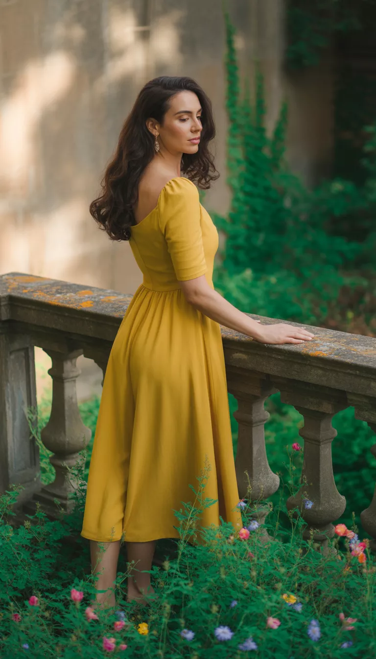 A beautiful 30-year-old woman in a yellow midi dress with long dark hair, standing with her back partially to the camera, overlooking a stone balustrade and greenery.