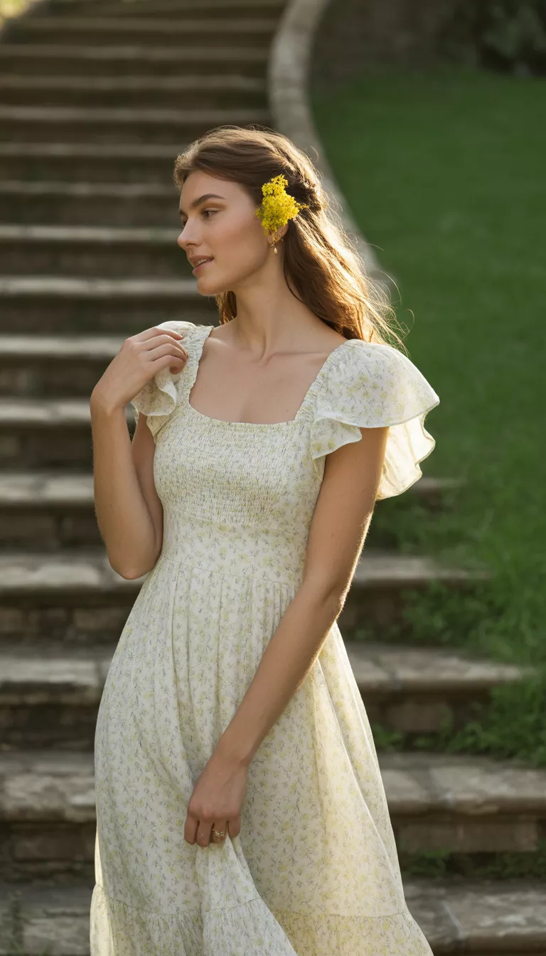 A beautiful 33-year-old woman wearing a delicate short sleeved light yellow floral print midi dress with ruffled shoulders, accessorized with a yellow flower in her hair by stone steps.
