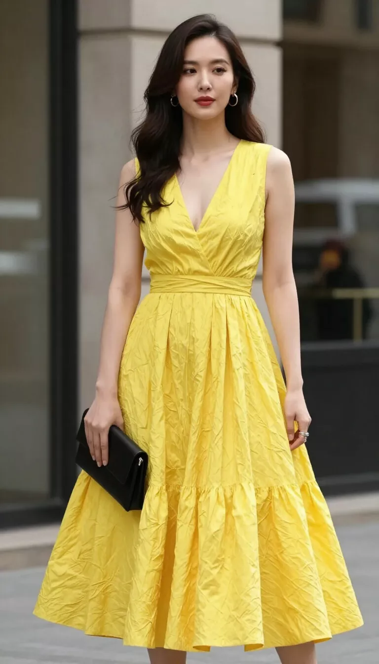 A beautiful 38-year-old woman in a voluminous textured bright yellow midi dress with a deep V neck, holding a black clutch, posing in front of an urban setting.