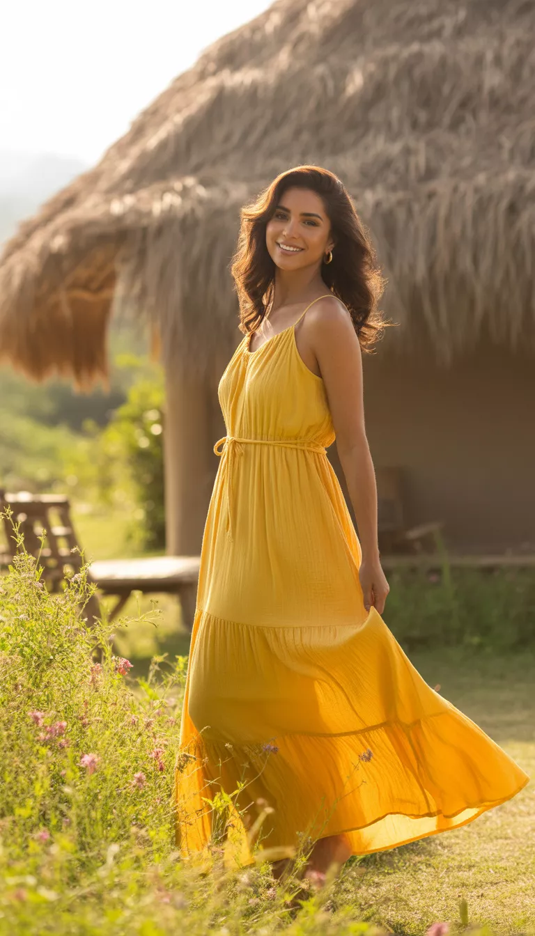 A beautiful 31-year-old woman in a flowing off the shoulder bright yellow maxi dress with a tie waist, standing outdoors near a thatched roof structure and lush greenery.