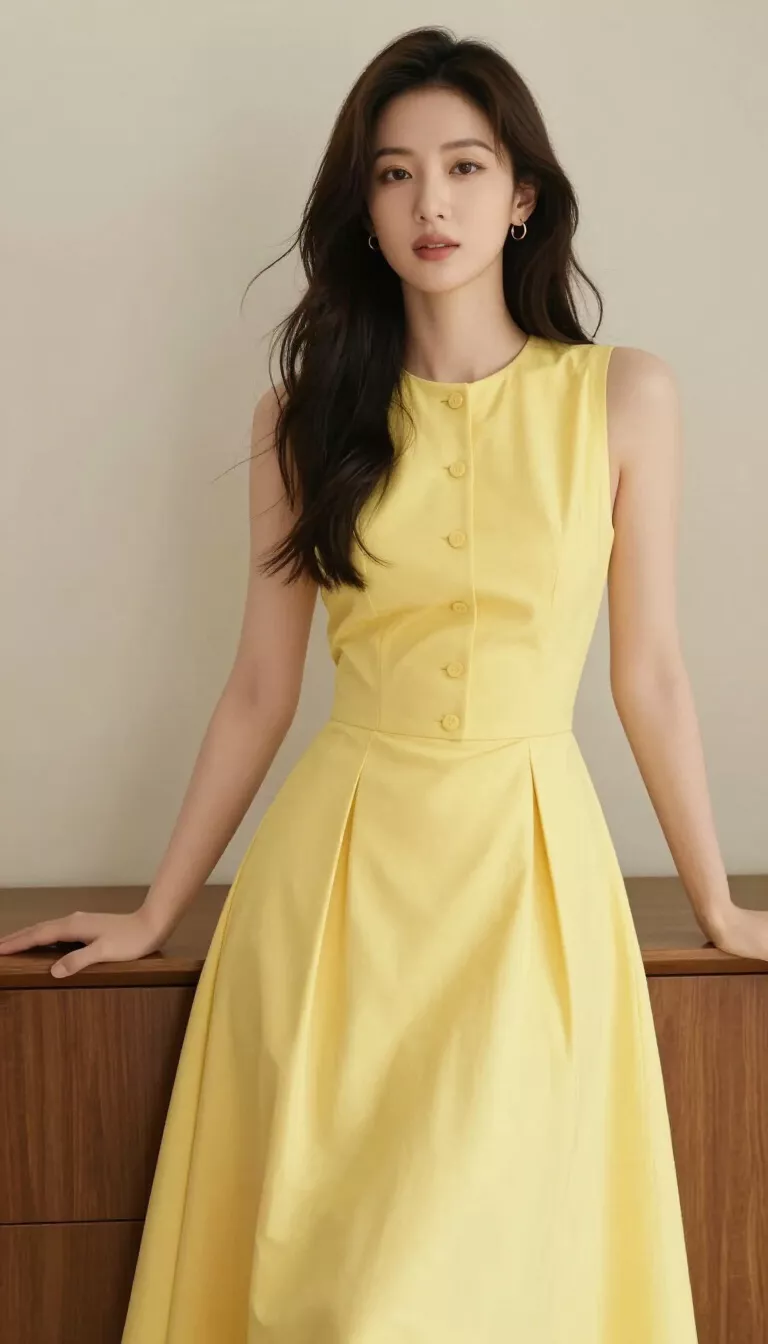 A beautiful 35-year-old woman in a sleeveless button front yellow midi dress with a fitted bodice and full skirt, leaning on a wooden cabinet.