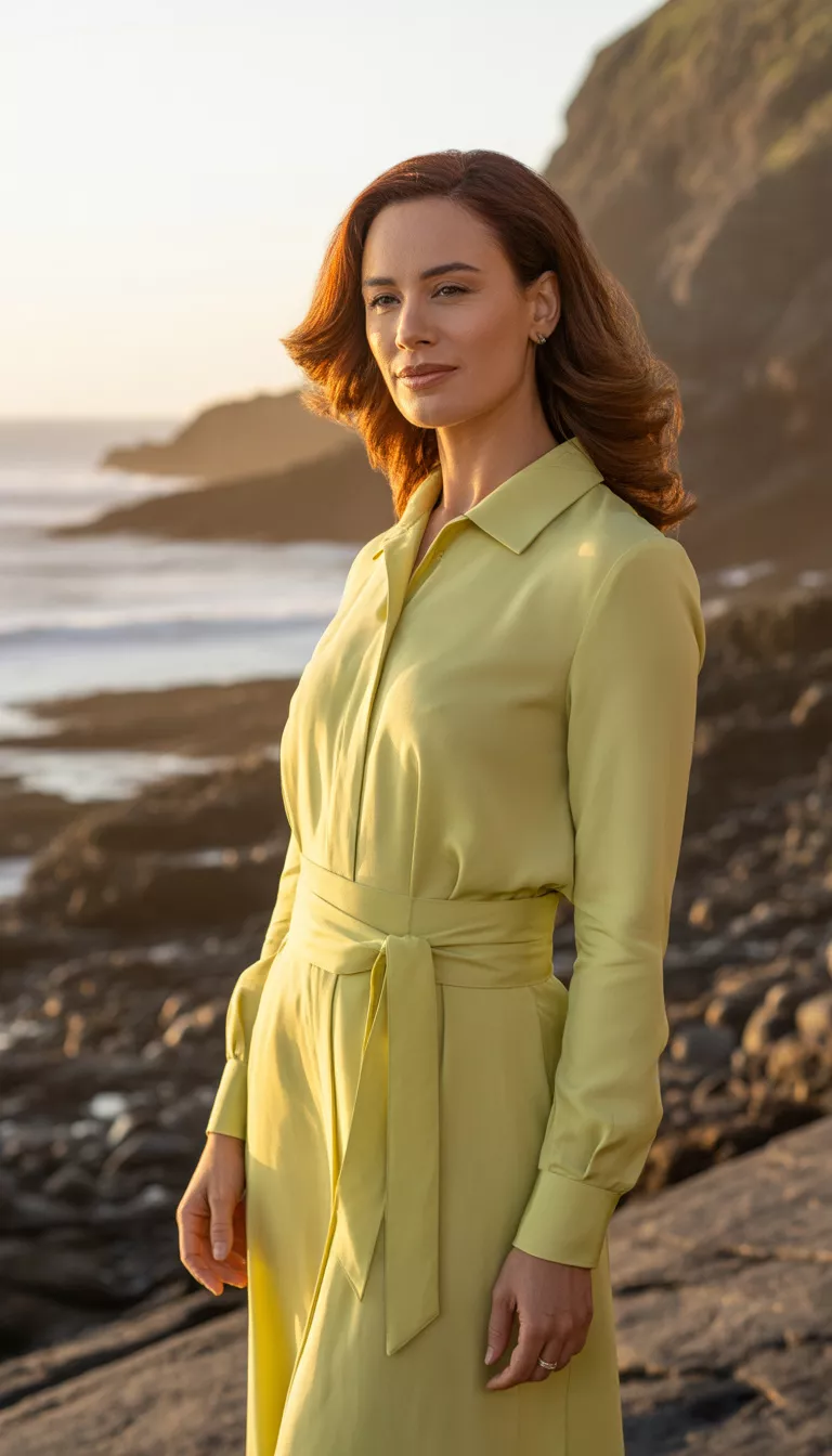 A beautiful 41-year-old woman in a tailored light yellow long sleeved shirt dress with a collar and tie belt, posing against a rocky coastal backdrop.