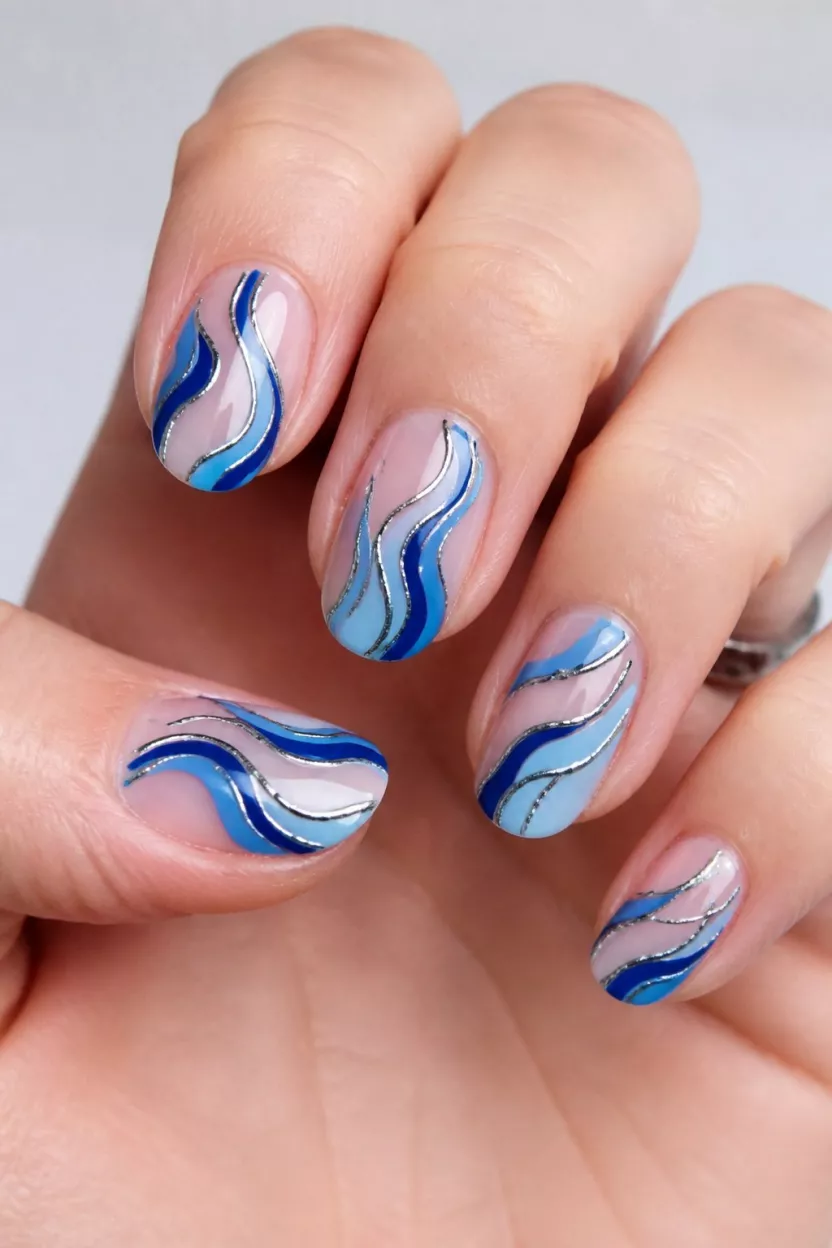 Abstract Blue Swirls close-up shot of a woman’s hand with five fingers showing nails with light nails featuring abstract, swirling blue designs outlined in metallic silver or black