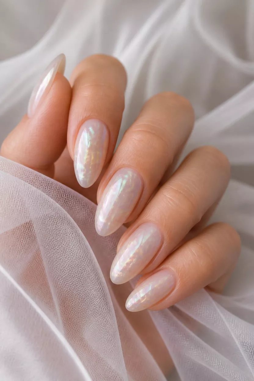 Iridescent Milky Opal close-up shot of a woman’s hand with five fingers showing nails with almond-shaped nails featuring an abstract, iridescent, milky design with hints of pale green and pink against sheer fabric