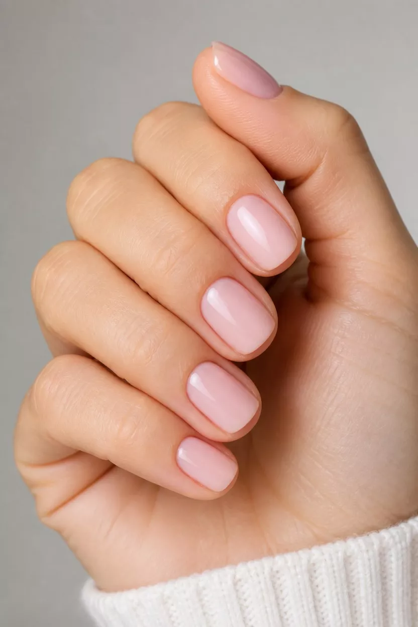 Milky Pale Pink close-up shot of a woman’s hand with five fingers showing nails with short, simple nails coated in a subtle, glossy, milky pale pink polish