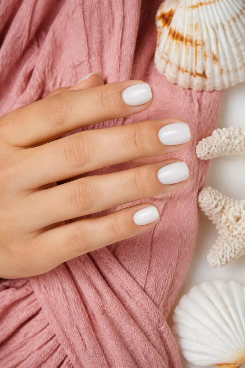 Glossy Milky White close-up shot of a woman’s hand with five fingers showing nails with simple, short oval nails painted a glossy, milky white set against a textured pink garment and seashell decor
