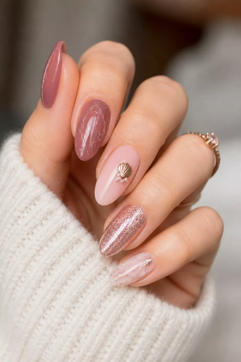 Dusty Rose Shells close-up shot of a woman’s hand with five fingers showing nails with mixed-design nails in dusty rose and blush tones with glitter swirls and shell accents