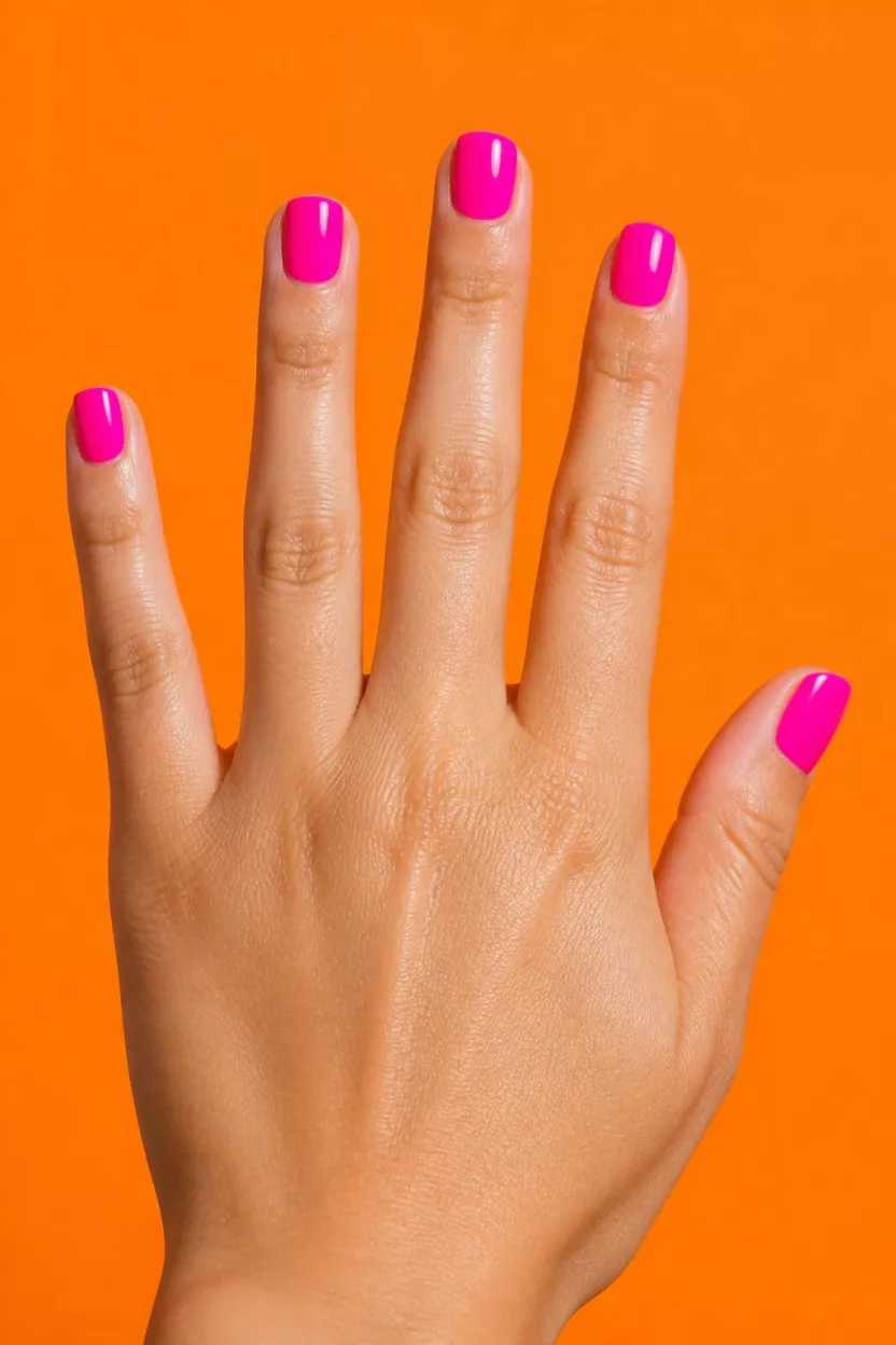 Neon Magenta Energy close-up shot of a woman’s hand with five fingers showing nails with short nails painted a bright neon magenta against an energetic orange background