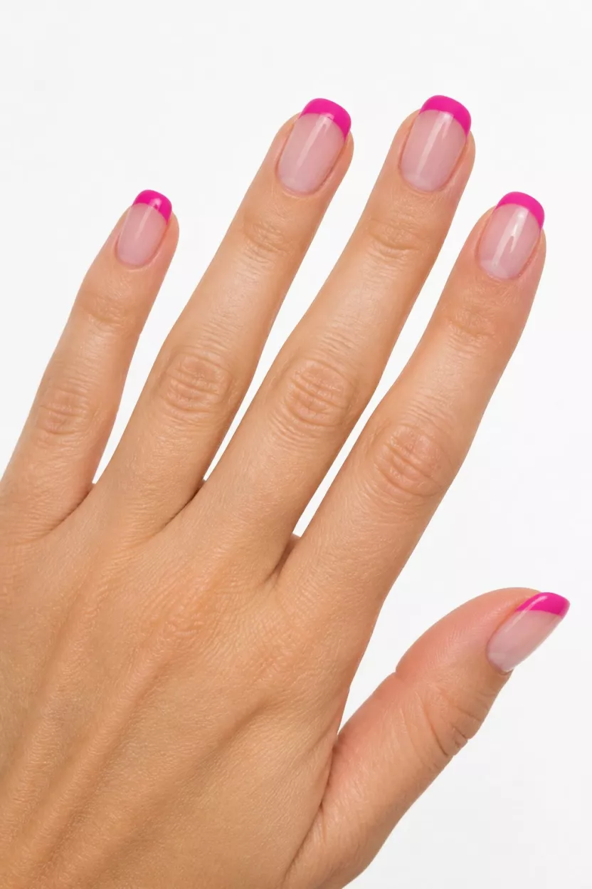 Hot Pink French Tips close-up shot of a woman’s hand with five fingers showing nails with a natural sheer pink base and bold, hot pink French tips against a white background