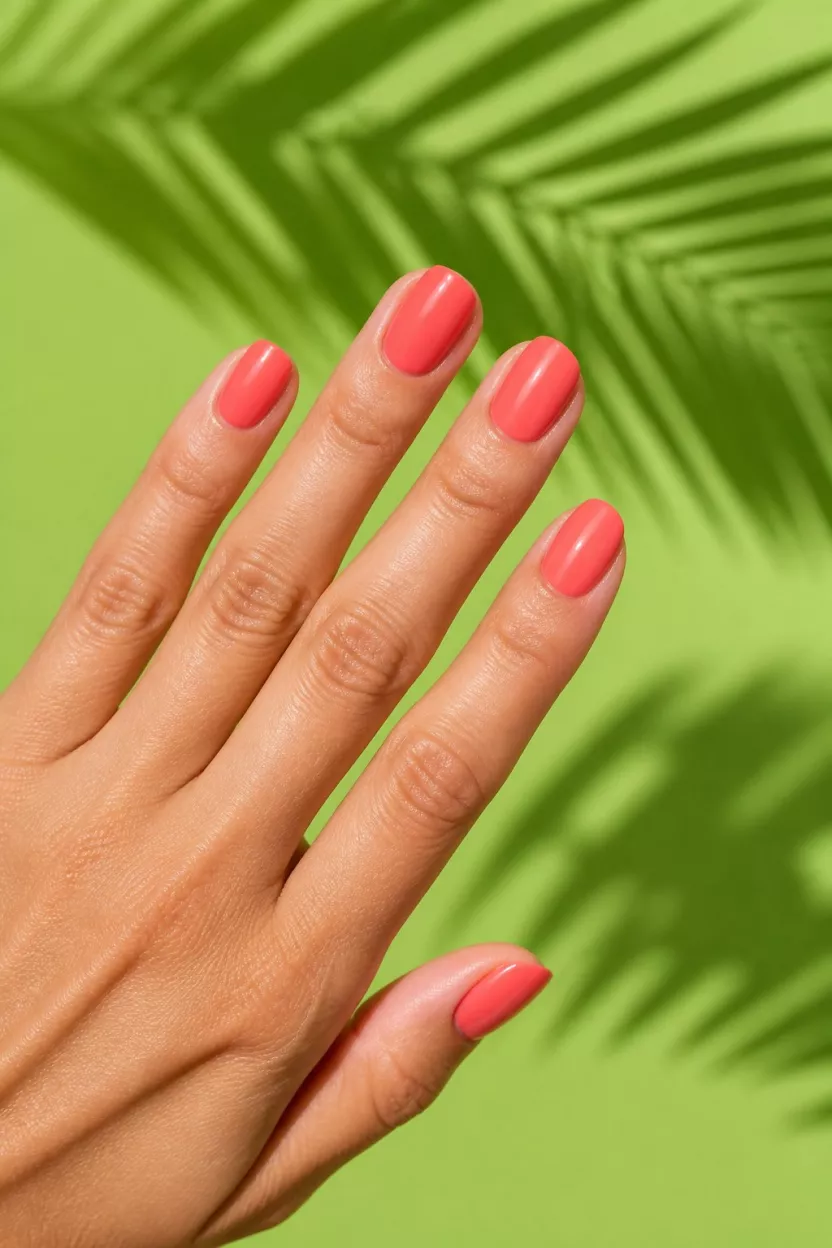 Vibrant Island Coral close-up shot of a woman’s hand with five fingers showing nails with perfectly manicured nails in a vibrant coral shade against a bright green background with palm leaf shadows