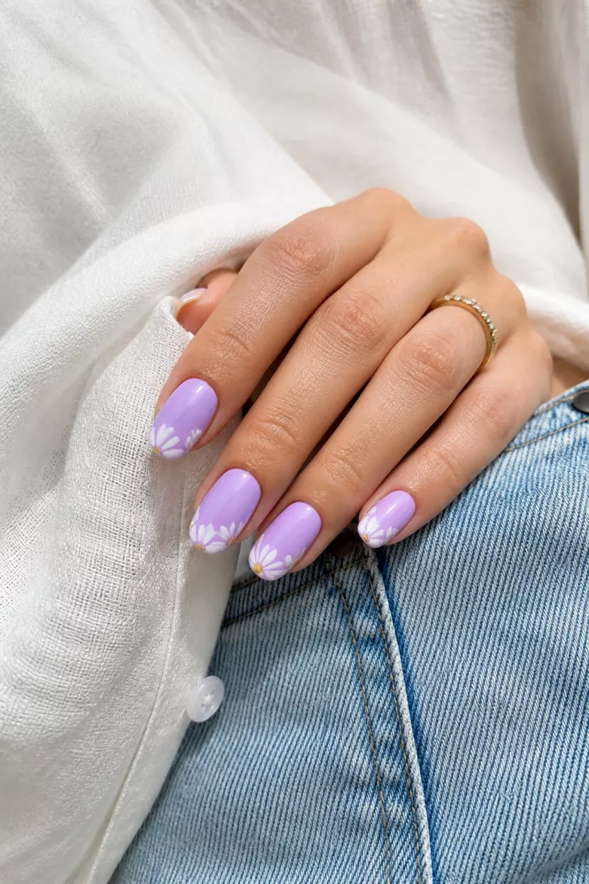 Lavender Daisy Tips close-up shot of a woman’s hand with five fingers showing nails with lavender-colored nails and white daisy designs on the tips near light-wash denim and a white linen shirt