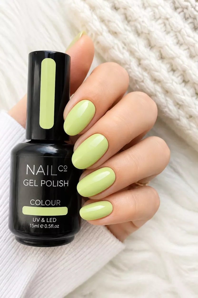 Soft Pistachio Green close-up shot of a woman’s hand with five fingers showing nails holding a black bottle of light yellowish-green gel polish showcasing matching colored nails against soft textured backgrounds