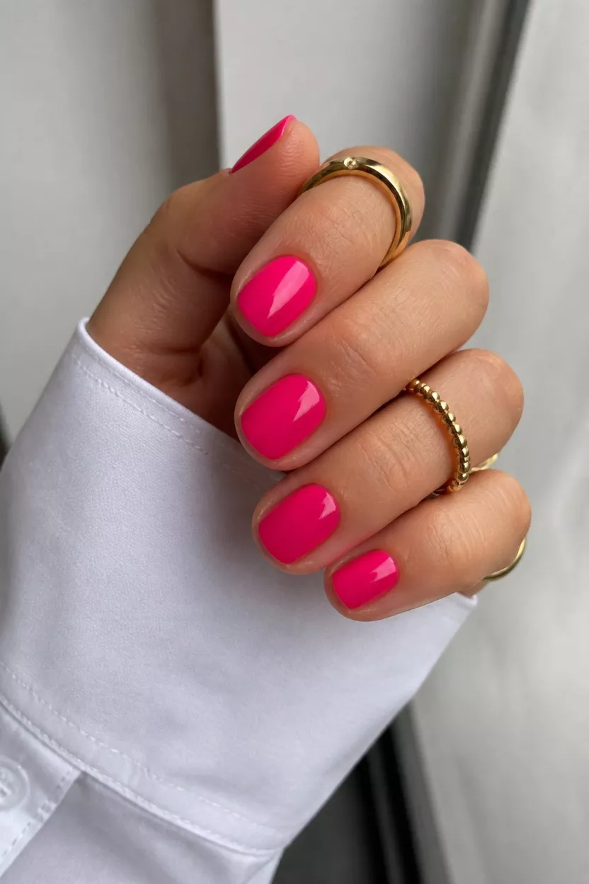 Electric Hot Pink Punch close-up shot of a woman’s hand with five fingers showing nails with short, rounded nails vividly painted a hot, electric pink paired with a crisp white shirt cuff and gold rings