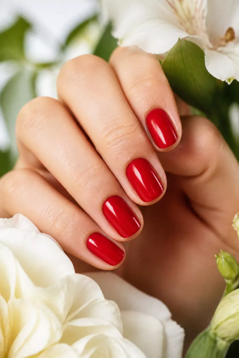 Classic Primary Red close-up shot of a woman’s hand with five fingers showing nails with short, rounded nails painted a rich, glossy primary red framed by soft, light-colored flowers