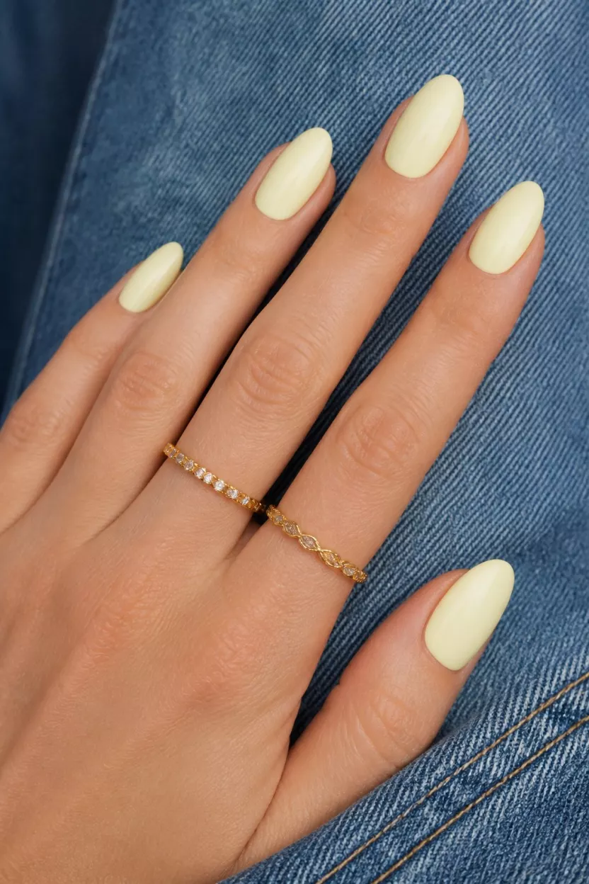 Creamy Lemon Sorbet close-up shot of a woman’s hand with five fingers showing nails with almond-shaped nails painted a pale, creamy yellow resting on blue denim fabric with delicate gold rings