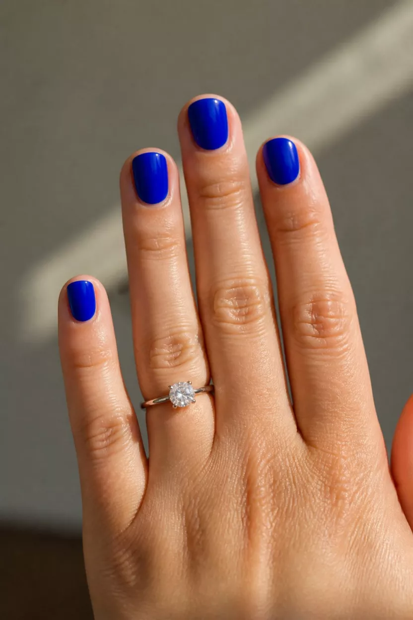 Deep Royal Blue Shorties close-up shot of a woman’s hand with five fingers showing nails with short, rounded nails coated in a deep, glossy, bright royal blue with a single diamond ring