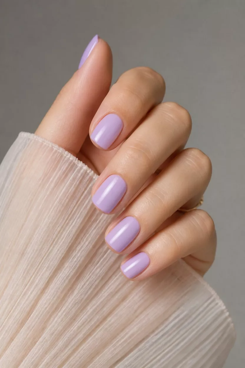 Soft Lavender Elegance close-up shot of a woman’s hand with five fingers showing nails with soft lavender nail polish on short, squared nails with a sheer, pleated, beige sleeve