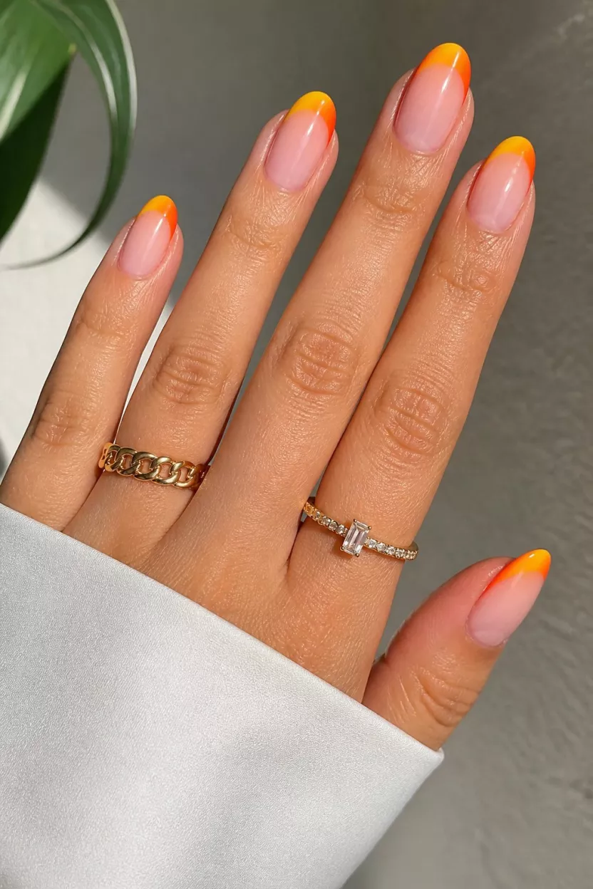 Sunset Ombre French close-up shot of a woman’s hand with five fingers showing nails with a sunset ombre French manicure blending yellow orange and red tips over a sheer base with gold rings