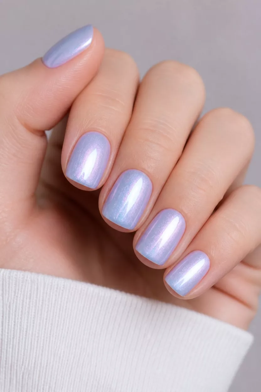 Iridescent Blue Shimmer close-up shot of a woman’s hand with five fingers showing nails with short, square nails coated in an ethereal, light blue-to-lavender iridescent shimmer polish
