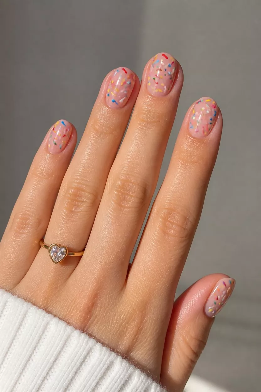 Colorful Ice Cream Sprinkles close-up shot of a woman’s hand with five fingers showing nails with clear-based nails decorated with small, colorful sprinkles and a heart ring