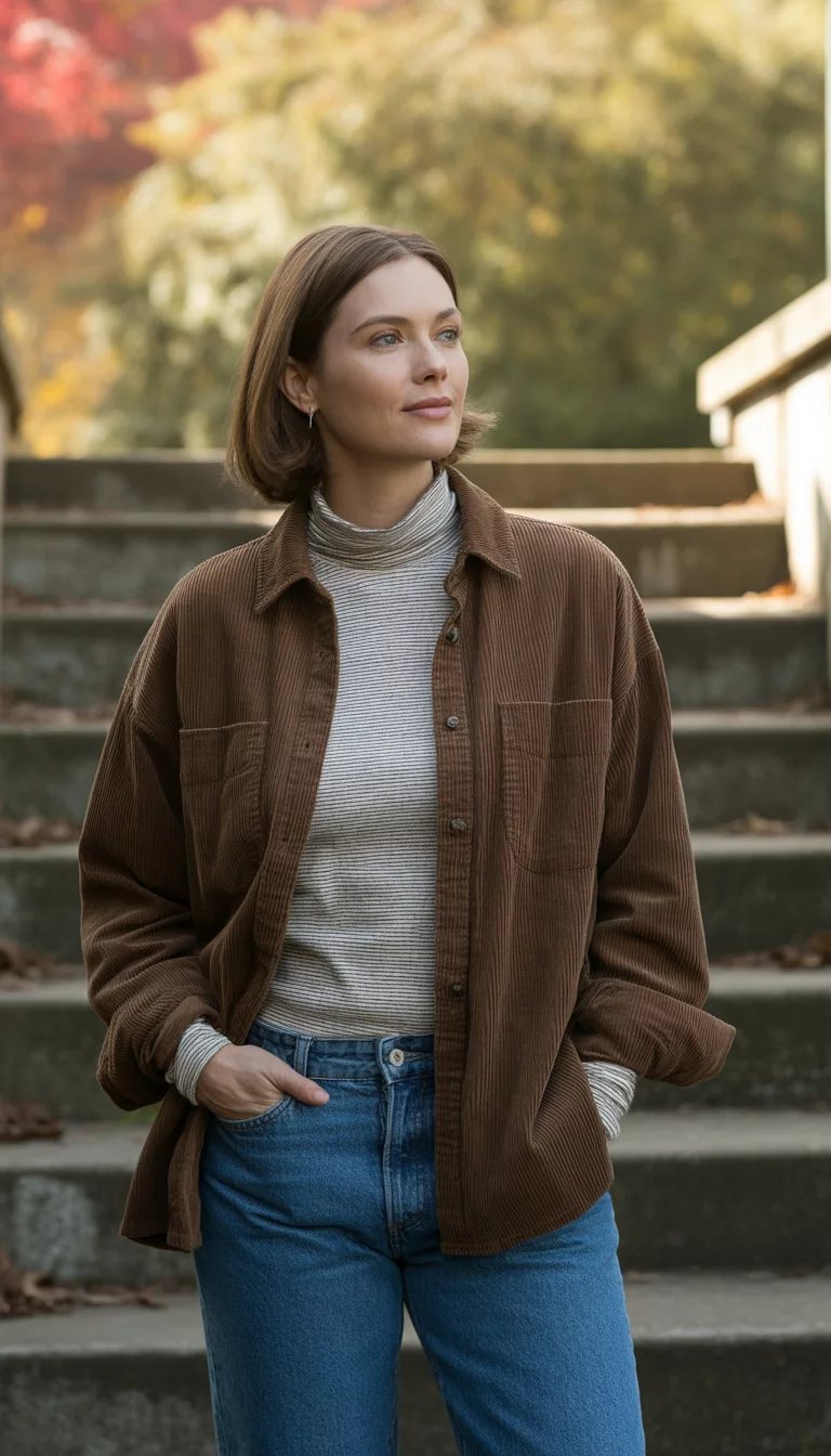 Texture Play with Corduroy and Stripes A beautiful 39-year-old woman in a brown corduroy shirt over a striped turtleneck and blue jeans, standing on concrete steps outdoors.