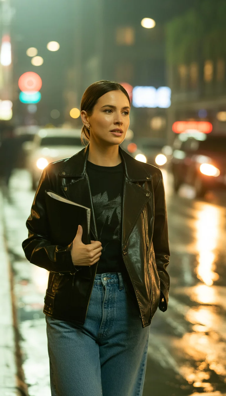 The Graphic Tee and Leather Classic A beautiful 32-year-old woman in a black leather jacket over a black graphic t-shirt and high-waisted blue jeans, walking at night with a black folder.