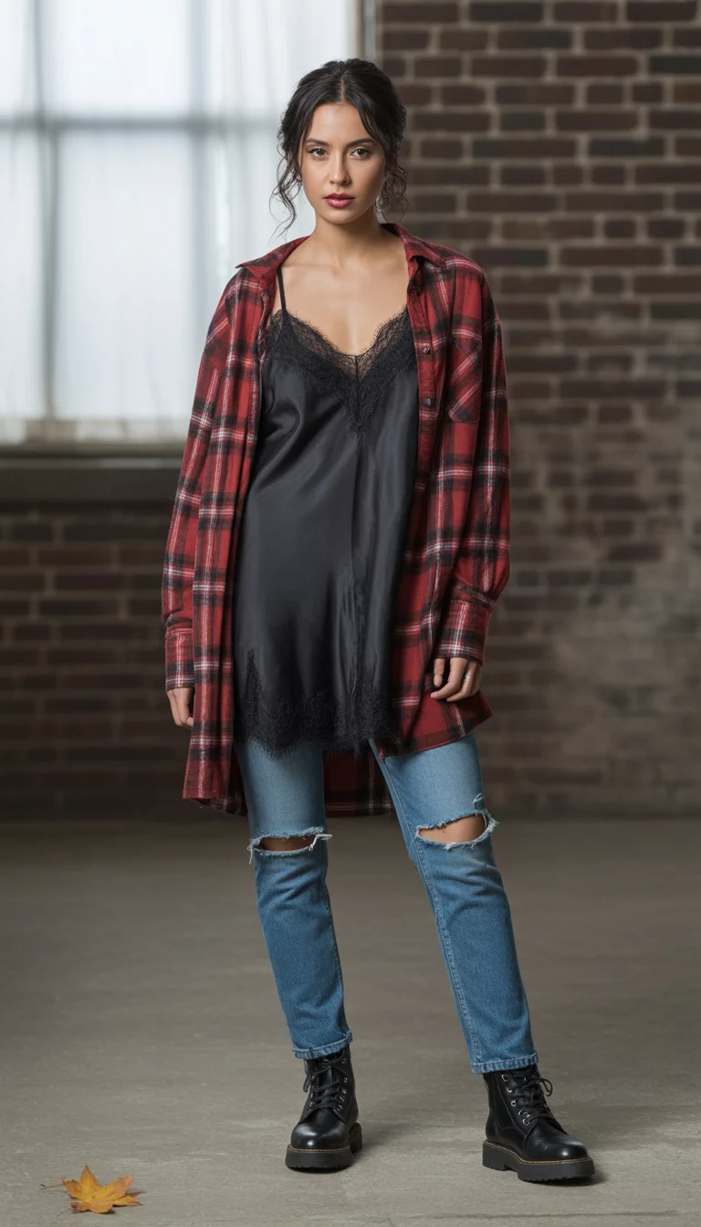 Grunge Layers and Lace A beautiful 22-year-old woman in a red and black plaid flannel shirt over a black lace-trimmed slip dress and ripped blue jeans with black combat boots.