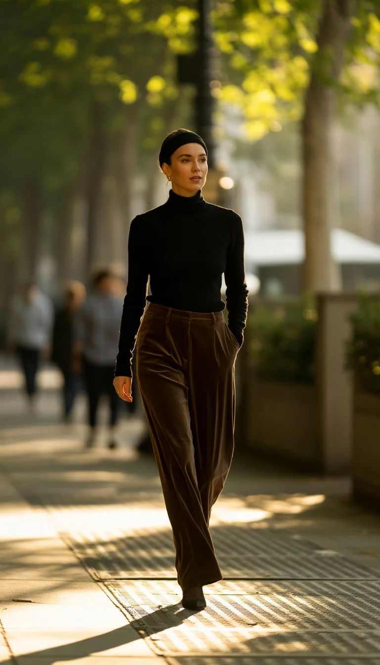 Velvet Trousers and Sunny Sidewalks A beautiful 34-year-old woman in a black turtleneck and velvet brown pants, walking on a sun-dappled sidewalk with a black headband and dark shoes.