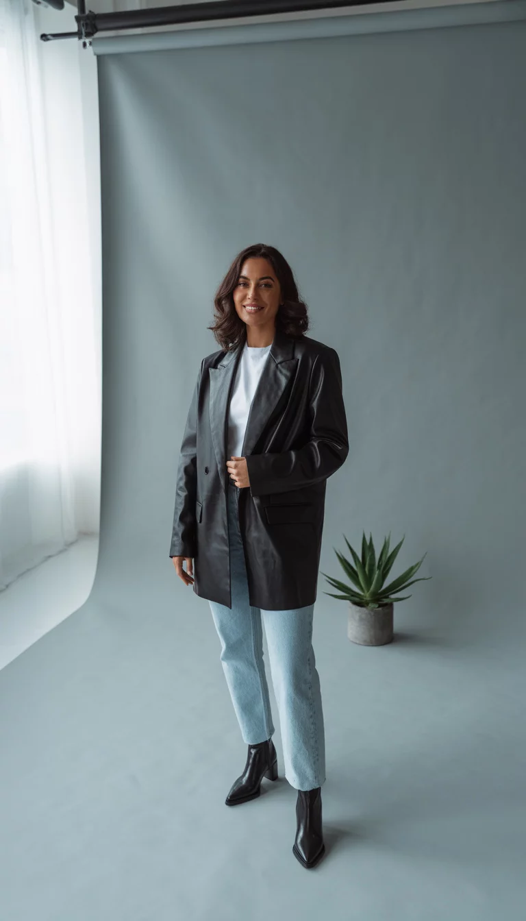 The Twelve Piece Capsule Foundation A beautiful 33-year-old woman in a black leather blazer over a white t-shirt and light blue jeans, with black ankle boots, in a minimalist studio.