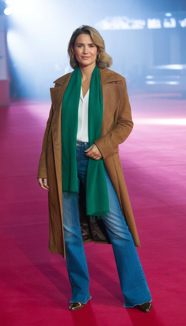 Suede Coats and Flared Denim A beautiful 35-year-old woman in a brown suede coat, green scarf, white top, and blue flared jeans with brown boots, posing on a red carpet.